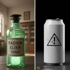 "Radium Energy Drink in a green bottle and a warning sign on a cracked can, highlighting health risks."