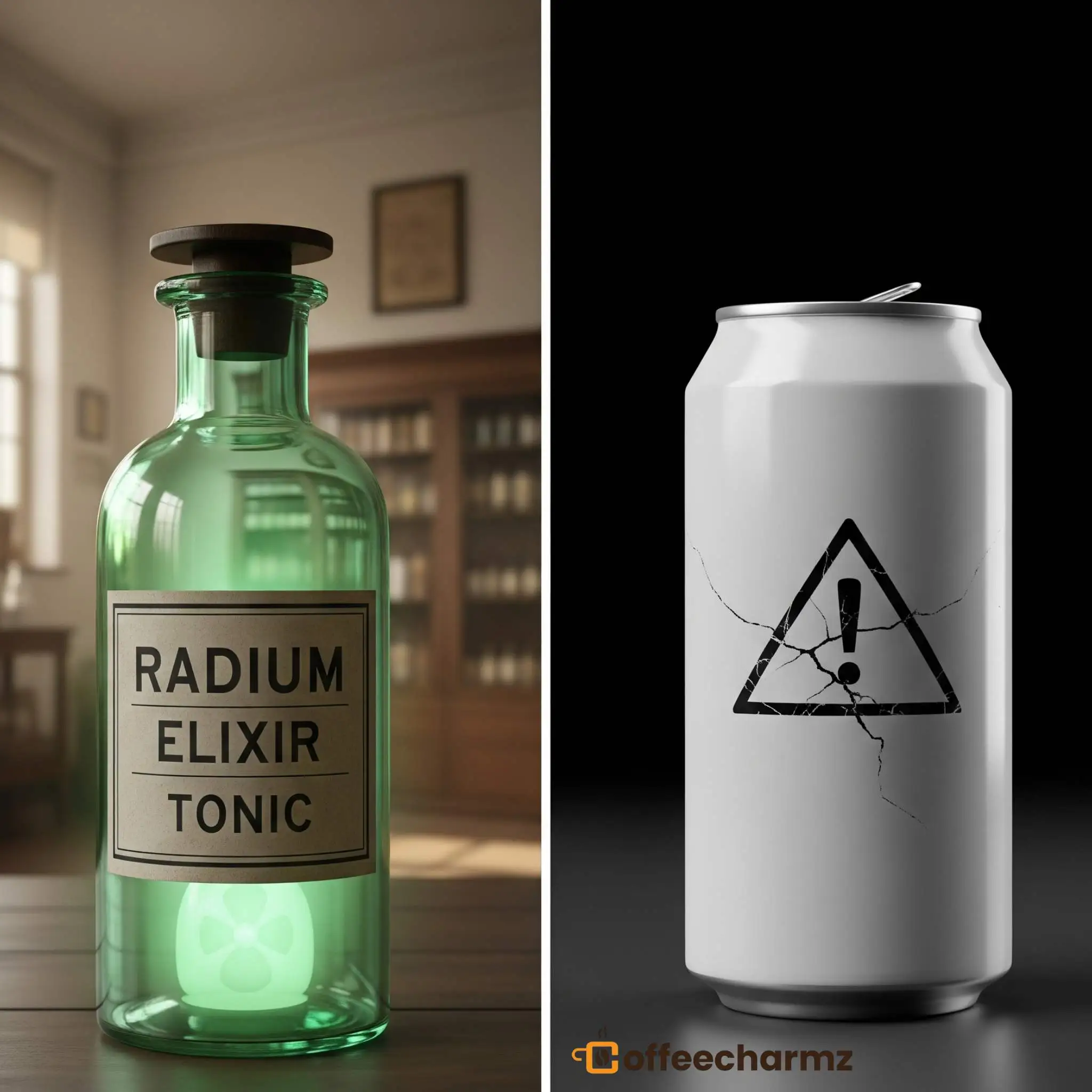 "Radium Energy Drink in a green bottle and a warning sign on a cracked can, highlighting health risks."