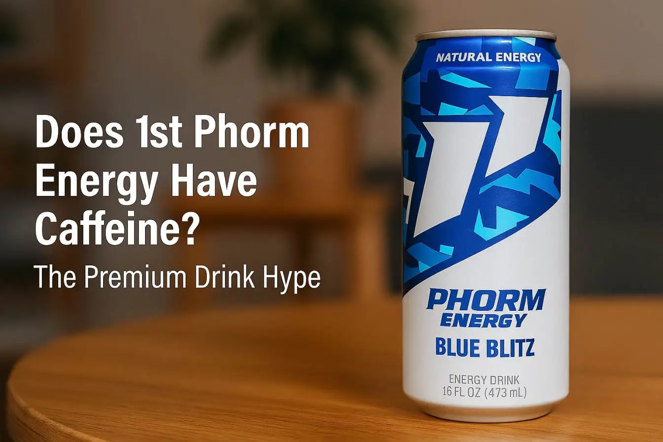 A can of 1st Phorm Energy Blue Blitz on a table, highlighting its caffeine content.
