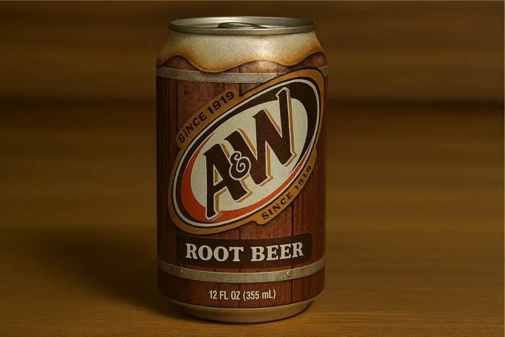 A single can of A&W Root Beer, a classic and creamy soda, with its brand logo prominently displayed.