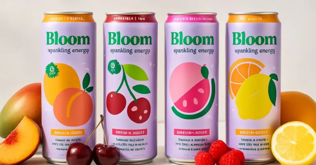 Four cans of Bloom Energy Drink in various flavors like peach, cherry, and watermelon. A look at the different options for Bloom Energy Drinks.