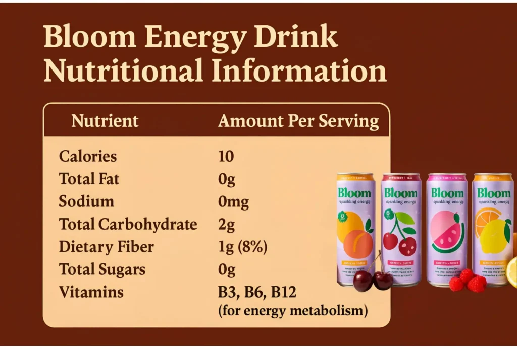 A nutritional facts label for Bloom Energy Drink, showing 10 calories and zero sugar per serving. A key part of the Caffeine Content of Bloom Energy Drinks. 