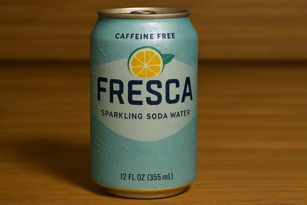 A close-up shot of a single can of Fresca, a popular sparkling soda water, labeled "Caffeine Free."