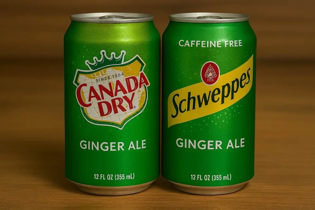 Two cans of ginger ale side-by-side, one from Canada Dry and the other from Schweppes.