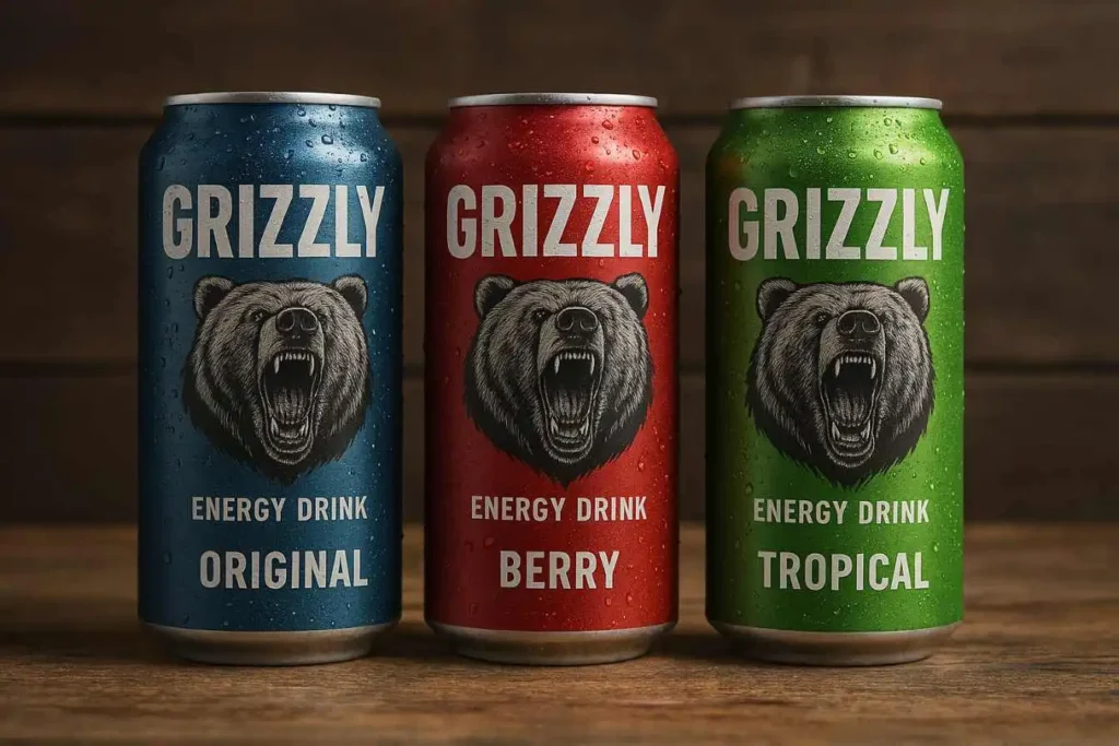Three Grizzly Energy Drink cans in different flavors, showing caffeine content and answering, "How Much Caffeine is in a Grizzly Energy Drink?"