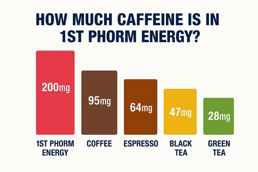 A bar chart comparing 1st Phorm Energy caffeine content to other common drinks.