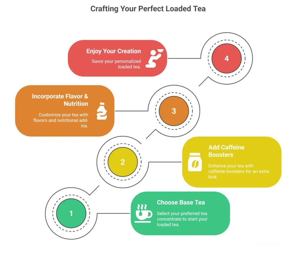 Infographic showing the steps to make a loaded tea, from choosing the base tea to enjoying your creation.