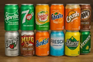 A two-row collection of 12 soda cans, showcasing various brands of Sodas with Zero Caffeine like Sprite, 7UP, and A&W Root Beer.