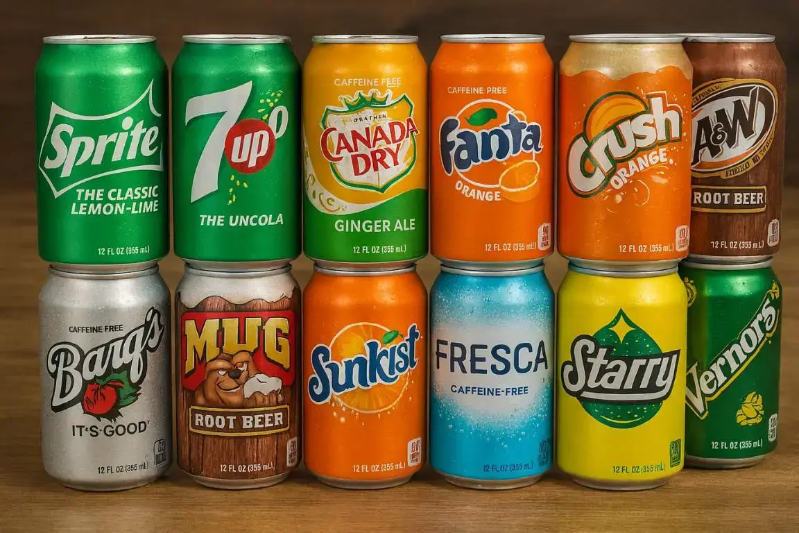 A two-row collection of 12 soda cans, showcasing various brands of Sodas with Zero Caffeine like Sprite, 7UP, and A&W Root Beer.