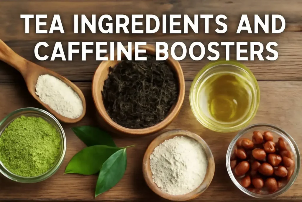 Ingredients used in loaded tea include tea leaves, powders, and caffeine boosters like guarana and matcha.