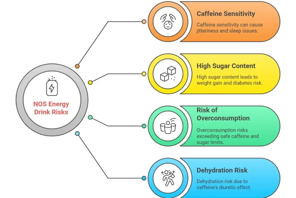 A mind map showing "NOS Energy Drink Risks" including caffeine sensitivity, high sugar, overconsumption, and dehydration.